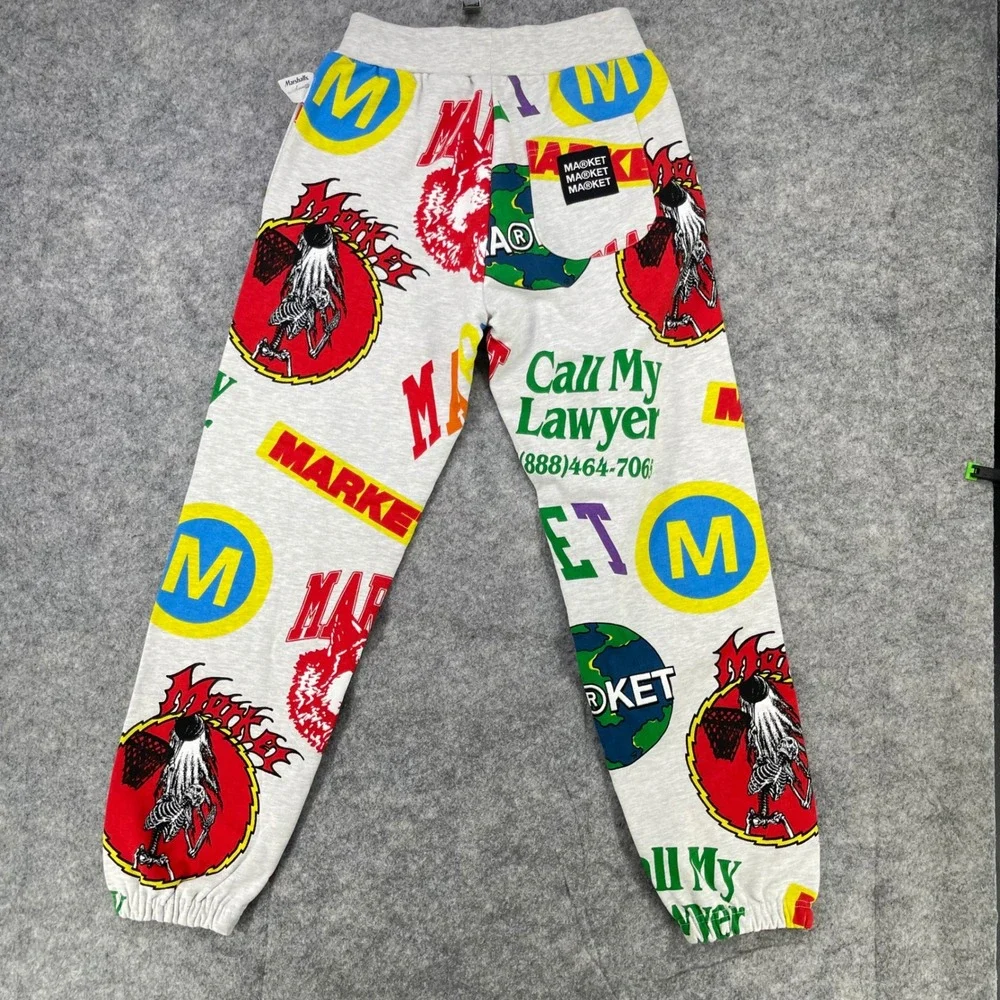 Chinatown Market Sweatpants Men Medium Gray Logo Graphic AOP Print Joggers‎ NEW